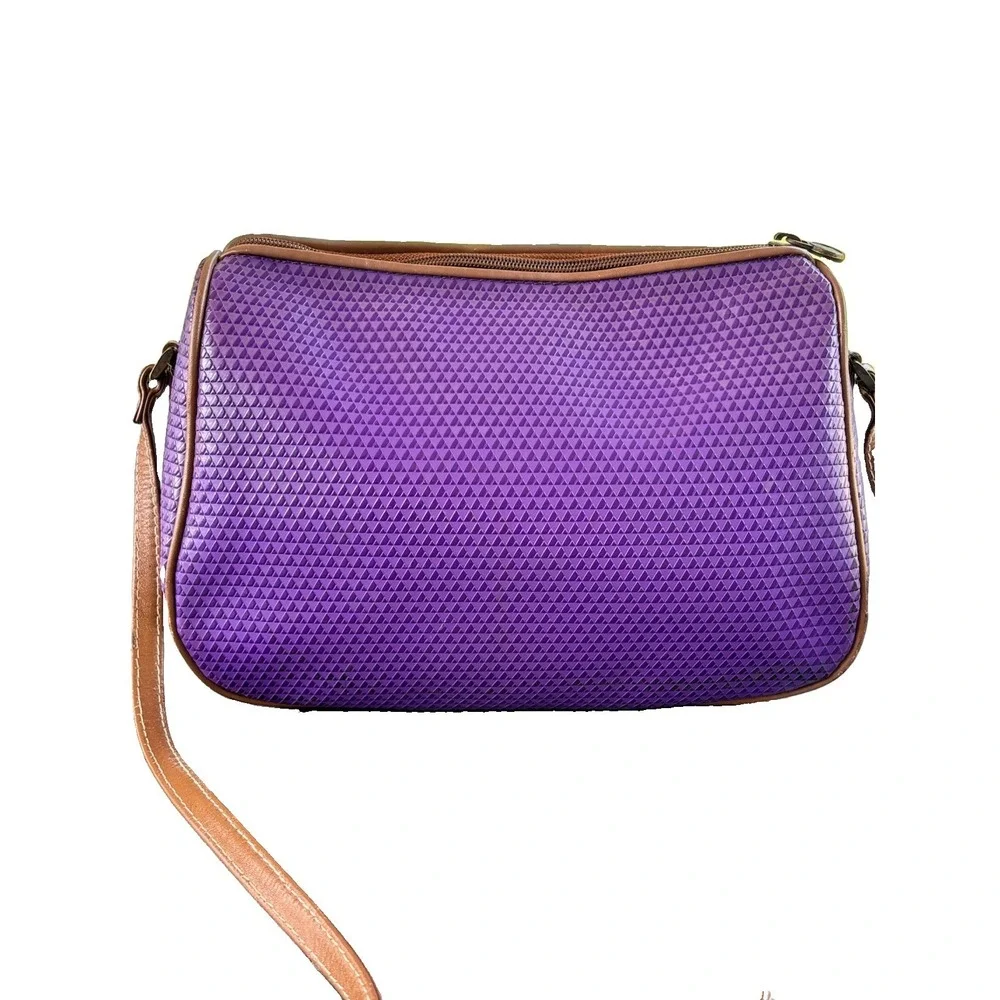 Vintage 1980s Liz Claiborne Purple Geometric Crossbody Bag Leather Piping